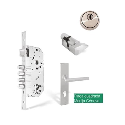 Combo Cerradura de Embutir de 50 mm Cil 62 mm + Génova con Placa Cuadrada + Escudo