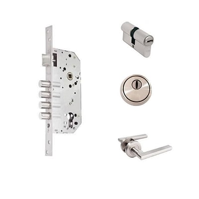 Combo Cerradura de Embutir 50 mm con Cil 62 mm + Manija Génova + Escudo