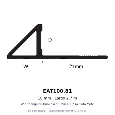 Dibujo acotado con medidas de EAT100.81 – Win Triangular Aluminio 10 mm x 2,7 m Plata Mate