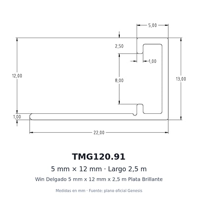 Dibujo acotado con medidas de TMG120.91 – Win Delgado 5 mm x 12 mm x 2,5 m Plata Brillante