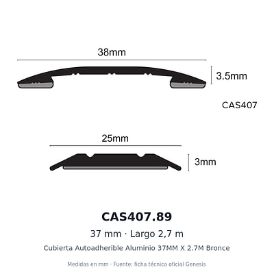 Dibujo acotado con medidas de CAS407.89 – Cubierta Autoadherible Aluminio 37MM X 2.7M Bronce