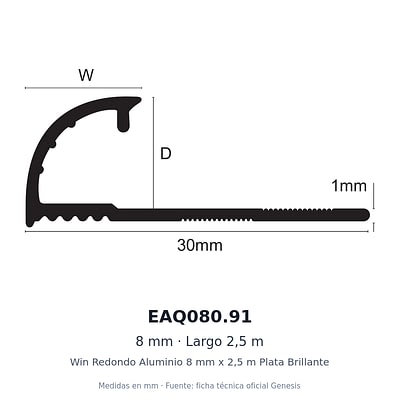 Dibujo acotado con medidas de EAQ080.91 – Win Redondo Aluminio 8 mm x 2,5 m Plata Brillante