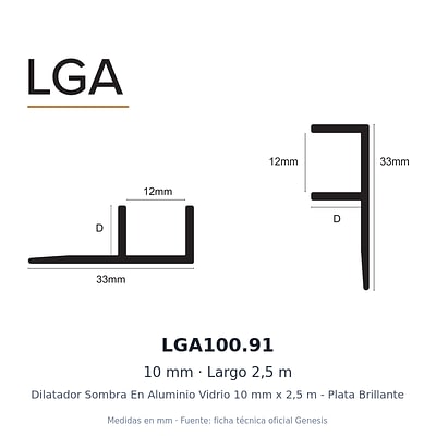 Dibujo acotado con medidas de LGA100.91 – Dilatador Sombra En Aluminio Vidrio 10 mm x 2,5 m - Plata Brillante