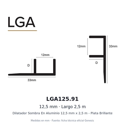 Dibujo acotado con medidas de LGA125.91 – Dilatador Sombra En Aluminio 12,5 mm x 2,5 m - Plata Brillante