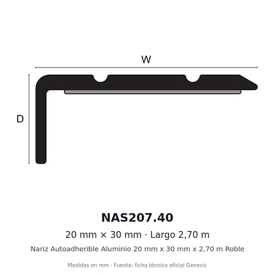 Dibujo acotado con medidas de NAS207.40 – Nariz Autoadherible Aluminio 20 mm x 30 mm x 2,70 m Roble