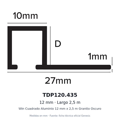 Dibujo acotado con medidas de TDP120.435 – Win Cuadrado Aluminio 12 mm x 2,5 m Granito Oscuro