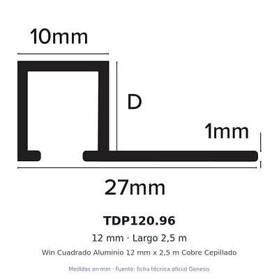 Dibujo acotado con medidas de TDP120.96 – Win Cuadrado Aluminio 12 mm x 2,5 m Cobre Cepillado