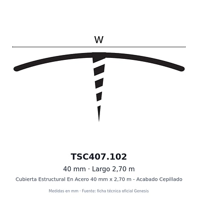 Dibujo acotado con medidas de TSC407.102 – Cubierta Estructural En Acero 40 mm x 2,70 m - Acabado Cepillado