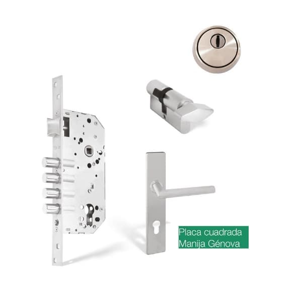 Combo Cerradura de Embutir de 50 mm Cil 62 mm + Génova con Placa Cuadrada + Escudo 1 Combo Cerradura de Embutir de 50 mm Cil 62 mm + Génova con Placa Cuadrada + Escudo
