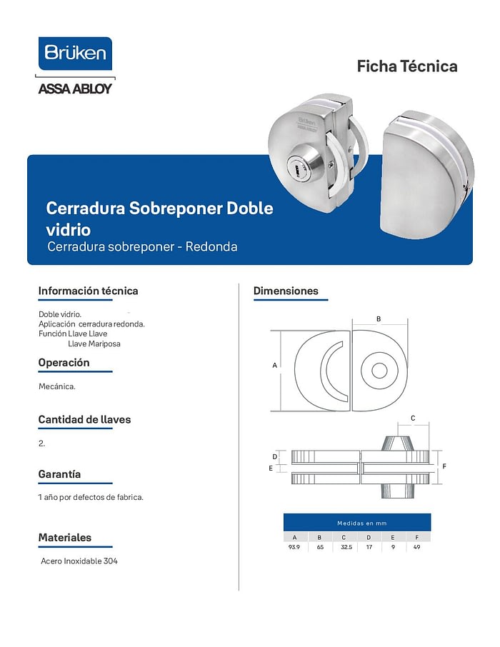 Cerradura Redonda Doble Vidrio Llave Llave 4 Cerradura Redonda Doble Vidrio Llave Llave - Imagen 4