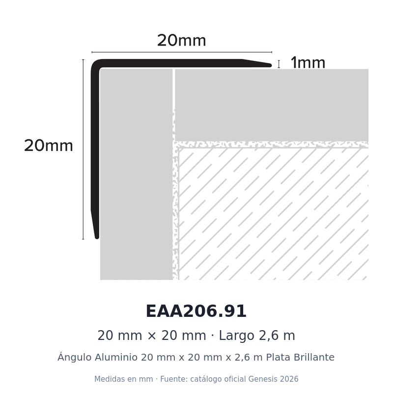 Ángulo Aluminio 20 mm x 20 mm x 2,6 m Plata Brillante 2 Dibujo acotado con medidas de EAA206.91 – Ángulo Aluminio 20 mm x 20 mm x 2,6 m Plata Brillante