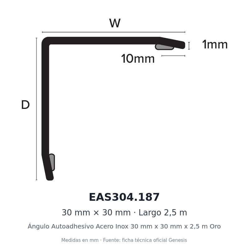 Ángulo Autoadhesivo Acero Inox 30 mm x 30 mm x 2,5 m Oro 2 Dibujo acotado con medidas de EAS304.187 – Ángulo Autoadhesivo Acero Inox 30 mm x 30 mm x 2,5 m Oro