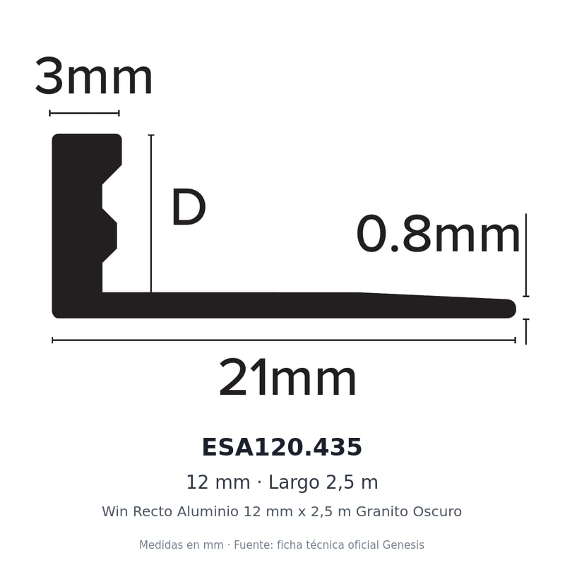Dibujo acotado con medidas de ESA120.435 – Win Recto Aluminio 12 mm x 2,5 m Granito Oscuro