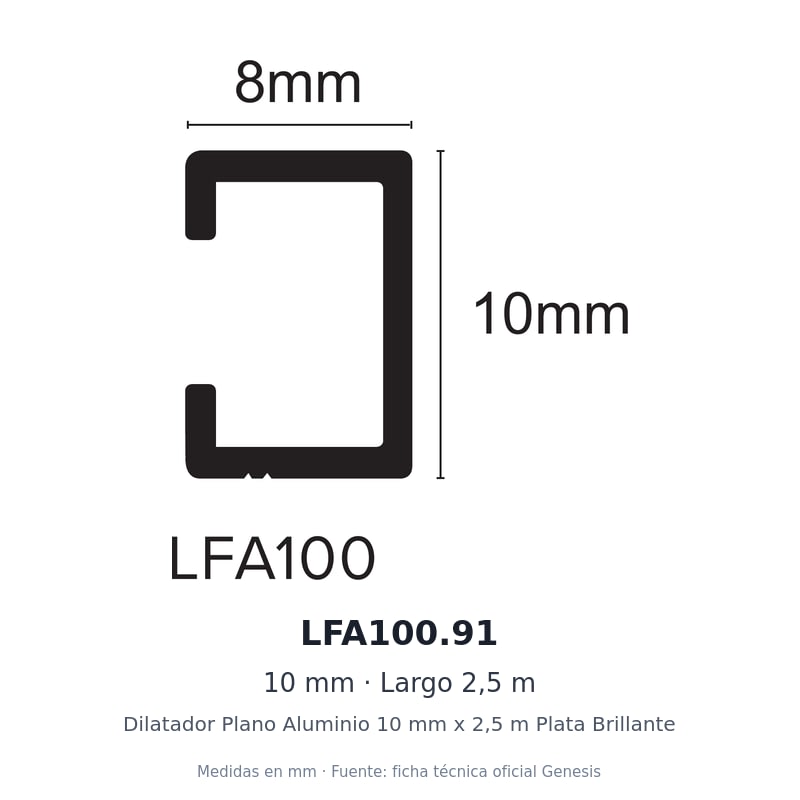 Dibujo acotado con medidas de LFA100.91 – Dilatador Plano Aluminio 10 mm x 2,5 m Plata Brillante