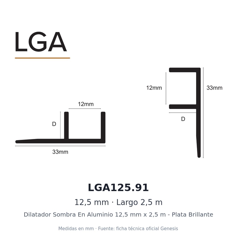 Dilatador Sombra En Aluminio 12,5 mm x 2,5 m - Plata Brillante 2 Dibujo acotado con medidas de LGA125.91 – Dilatador Sombra En Aluminio 12,5 mm x 2,5 m - Plata Brillante