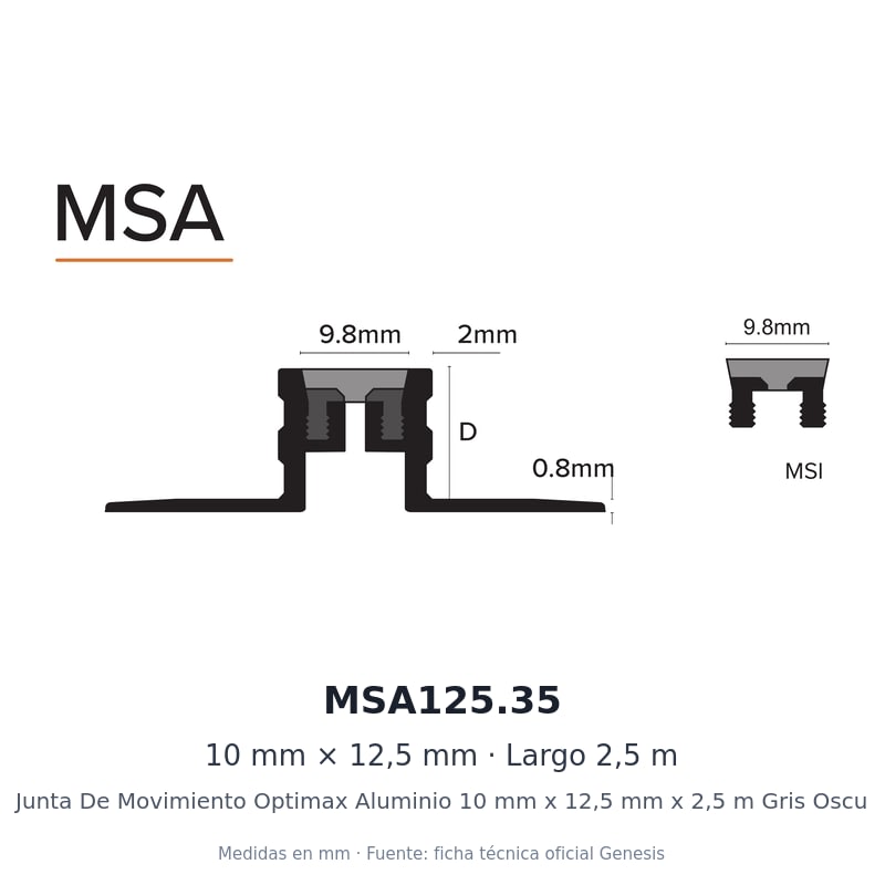 Junta De Movimiento Optimax Aluminio 10 mm x 12,5 mm x 2,5 m Gris Oscuro 2 Dibujo acotado con medidas de MSA125.35 – Junta De Movimiento Optimax Aluminio 10 mm x 12,5 mm x 2,5 m Gris Oscu