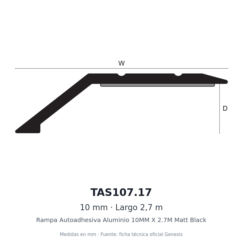 Rampa Autoadhesiva Aluminio 10MM X 2.7M Matt Black 2 Dibujo acotado con medidas de TAS107.17 – Rampa Autoadhesiva Aluminio 10MM X 2.7M Matt Black