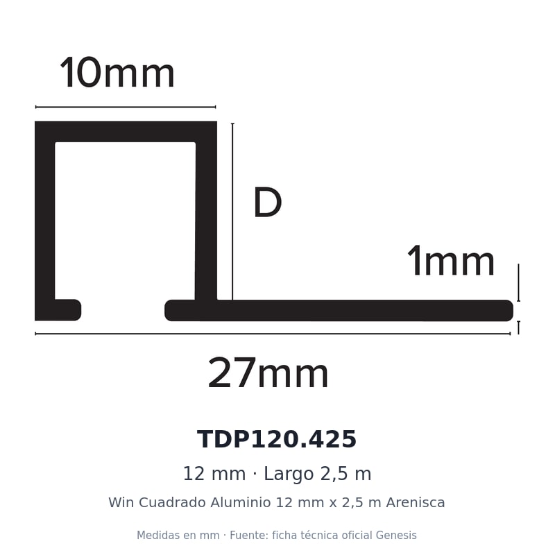 Win Cuadrado Aluminio 12 mm x 2,5 m Arenisca 2 Dibujo acotado con medidas de TDP120.425 – Win Cuadrado Aluminio 12 mm x 2,5 m Arenisca