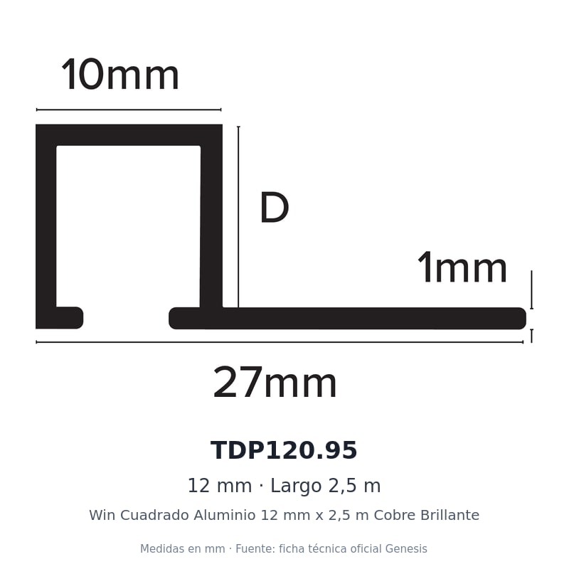 Win Cuadrado Aluminio 12 mm x 2,5 m Cobre Brillante 2 Dibujo acotado con medidas de TDP120.95 – Win Cuadrado Aluminio 12 mm x 2,5 m Cobre Brillante