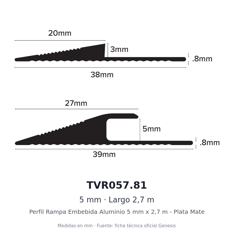 Perfil Rampa Embebida Aluminio 5 mm x 2,7 m - Plata Mate 5 Dibujo acotado con medidas de TVR057.81 – Perfil Rampa Embebida Aluminio 5 mm x 2,7 m - Plata Mate